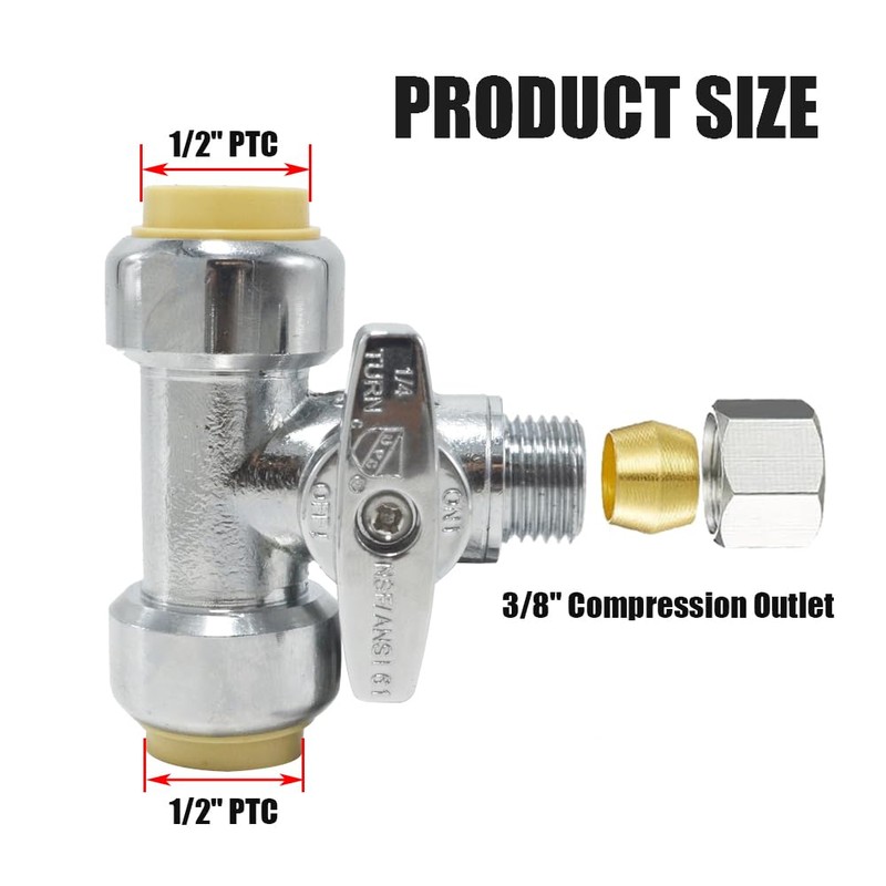 TT FLEX Service Tee Stop Valve, 1/2" Push x 1/2"