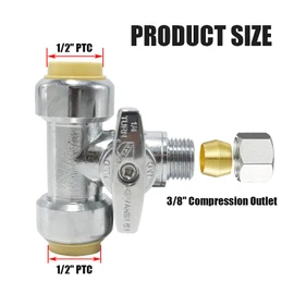 TT FLEX Service Tee Stop Valve, 1/2" Push x 1/2" Push x 3/8" Compression, 1/4 Turn, Compression Service Stop Fitting, Water Valve Shut Off, Push-to-Connect, PEX, Copper, CPVC, PE-RT