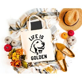 GXVUIS Life is Golden Canvas Tote Bag for Women Golden Retriever Mom Reusable Grocery Shoulder Shopping Bag Dogs Lovers Gift White