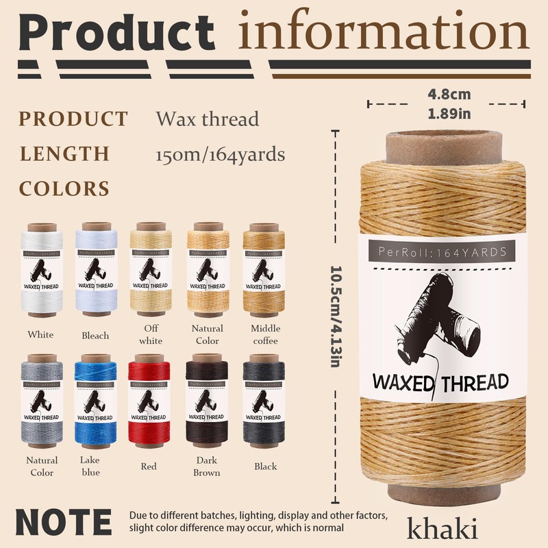 Jupean Waxed Thread, 150m /164Yards White Leather Sewing Threads, Hand