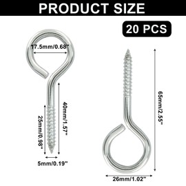 Murtenze 20 Pack 2.5 Inch Eye Hooks Screw, 304 Stainless Steel Eye Screws Heavy Duty Eye Bolts Screw in for Wood, Securing Cables Wires, Indoor & Outdoor(Silver)