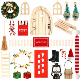 UPINS Gnome Door Complete Set, 27 Pieces Miniature Gnome Door Accessories, Christmas Gnome Door Set, Small Elf Door Accessories, Wooden Christmas Gnome Door for Christmas Decoration