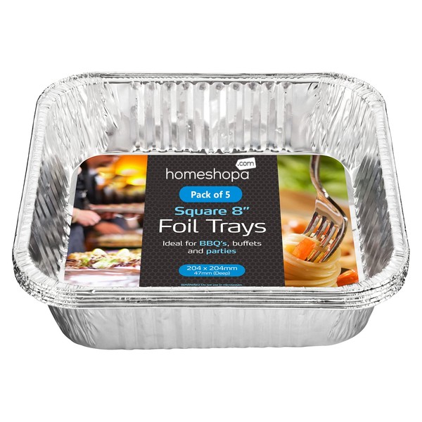 Homeshopa Aluminium Foil Trays, 8 Inch 5 Pack Square Disposable Tin Foil Containers, Best for Meal Prep, Baking, Broiling, Roasting, Freezing & Food Storage Takeaway Tins, Oven Freezer Safe