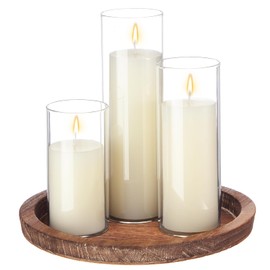 Shihanee Set of 3 Ivory Pillar Candles and Glass Cylinder Candle Holders with 1 Round Wooden Decorative Candle Plate Wooden Candle Tray 11.2" for Table Centerpiece Home Xmas 3"x5.9", 7.9", 9.8"