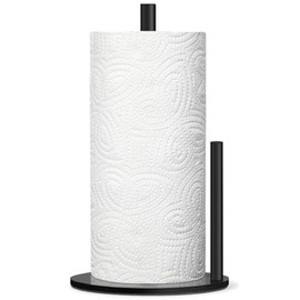 Stainless Steel Kitchen Roll Holder, Non-Slip & Waterproof, with Anti-Roll Arm, Drill-Free, for Standard Rolls - Standing Roll Holder for Kitchen, Bathroom & Table Top (Black)