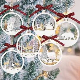 Winter Wonderland Christmas Ornaments - 6 Pack Farmhouse Rustic Winter Woodland Wooden Ornaments with Buffalo Plaid Bows - White Xmas Tree Decorations Glitter Tree Holiday Decor Tags