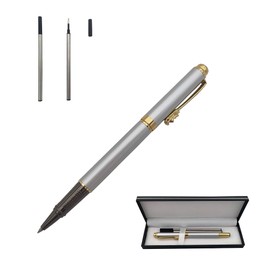 Accod Classic Business Metal Ballpoint Pen Signature Pen Rollerball Gel Pen High-end Gift Box with Two Replaceable Refills for Office Family and Business Partners (Silver)