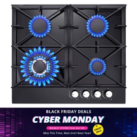 Eascookchef Kitchen Gas Cooktop Dual Burners Black Tempered Glass Countertop Drop-in Gas Hob