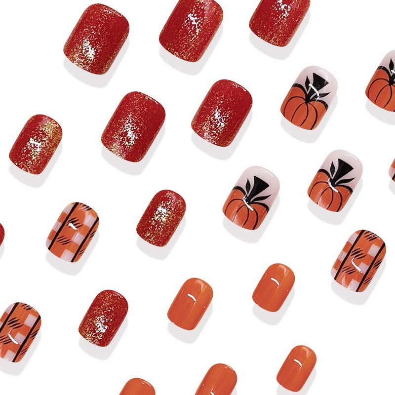 Fall Press on Nails Short Square Fake Nails Thanksgiving Nail