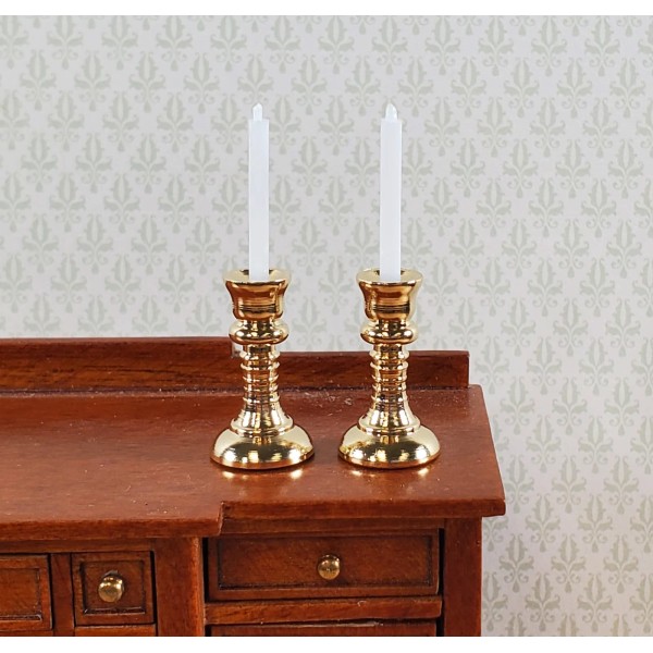 Dollhouse Tall Candlestick Holders with Candles Gold Set of 2