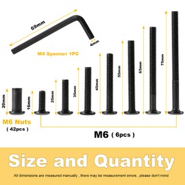 Gueenky Pack of 84 M6 Connection Screws, Carbon Steel Furniture Connectors, Cabinet Connectors, Sleeve Screws M6 Fit for 8 mm Hole, 16-75 mm Allen Screw Post Binding for Leather Crafts DIY