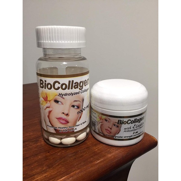 Set Bio Collagen Hydrolyzed Collagen softgels (1000 mg) & BioCollagen with Elastin Antioxidant Cream 2 oz (Promotes Healthy Skin Hair and Nails)