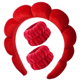 Luckybear Diadema De Spa Para Lavarse La Cara, Diadema De Terciopelo Para Maquillaje Con Muñequeras Para Jabón Facial - Roja                          