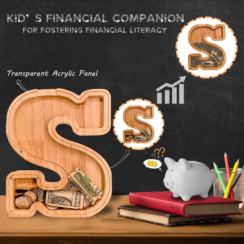JOOMLAFLY Wooden Letter Piggy Bank for Kids 9"Clear Coin Bank