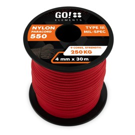 GO!elements 30 m Paracord Rope Made of Tear-Resistant Nylon Cord - 4 mm Paracord 550 Type III Cord - All-Purpose Rope and Cord - Max. 250 kg, Colour: Red