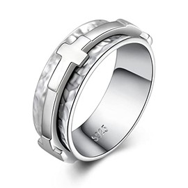 ACJFA Sterling Silver Cross Fidget Rings for Anxiety for Women - Anti Stress Spinner Rings Meditation Faith Cross Band Wide Hammered Mothers Day Birthday Gifts(7#)