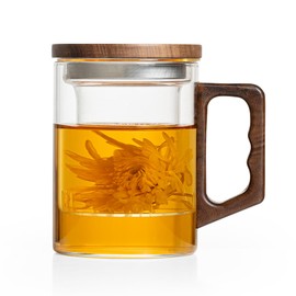 HFceram Glass Tea Cup with Infuser and Lid, 13.5 oz/400 ml, Borosilicate Glass Tea Mugs for Loose Leaf Tea, Wooden Handle Teacup, Ideal Gift