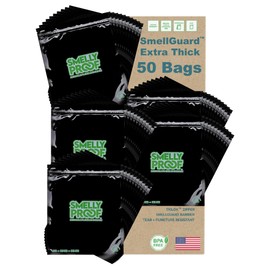 50pk BULK, Smelly Proof Black Quart Bags, Thick 4mil Tear & Puncture Resistant, Reusable, Resealable, Freezer Safe, SmellGuard, US Made, BPA Free, Versatile & Discreet Storage 8.5" x 10" - 50 Pcs Bulk