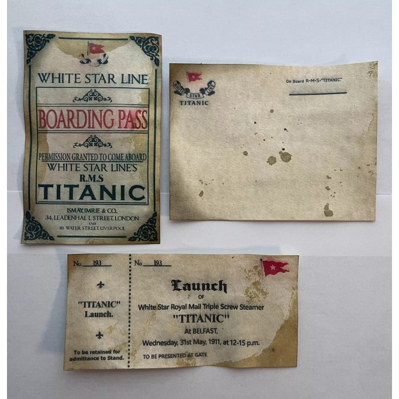 Titanic Launch Ticket, Boarding Pass, Postcard, and Envelope - White