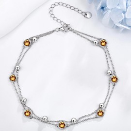 POPLYKE S925 Sterling Silver Yellow Crystal Anklet Layered Chain Ankle Bracelet for Women Nov. Birthstone Anklet Summer Beach Jewelry