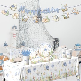 142pcs Under the Sea Birthday Tableware Under The Sea Theme Party Decorations Underwater Sea Life Baby Shower Party Supplies Disposable Banner,Tablecloth,Plates,Napkins,Cups,Forks and Knives