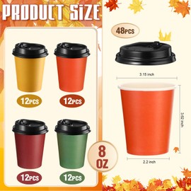 Teenyyou 48 Pack 8 oz Fall Disposable Coffee Cups with Lids Bulk Autumn Paper Orange Color Drinking Thanksgiving Party Insulated Cups for Hot Cold Drinks Travel Party Supplies