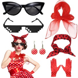 CWENDANER Pack of 6 Rockabilly Accessories Women's 50s Outfit Women's Vintage Clothing Accessories with Chiffon Scarf Polka Dot Headband Cat Eye Glasses Mosaic Glasses Unisex