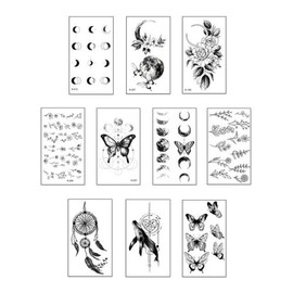 Set of 10 black and white mini tattoo stickers flower butterfly whale moon fashion - 10 types of black and white (M15) / 흑백 미니 타투 스티커 10종 세트 꽃 나비 고래 달 패션 - 흑백10종(M15)