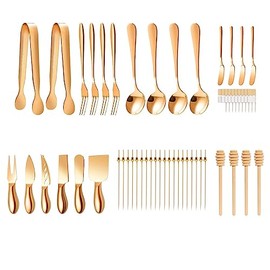 Rose Gold Cheese Knife Set For Charcuterie Board Accessories, Stainless Steel Cheese Slicer And Butter Spreader knives Kit With Serving Tongs, Spoons, Forks, Flags Cheese Markers, Honey Dipper