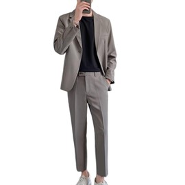 Yucahype Men's Suit, 2-Piece Set, Casual, Top and Bottom Set, Slim Setup, Tailored Jacket, Blazer, Formal Slacks, Long Pants, Solid Color, One Button, Work or School, Job Hunting, School Entrance