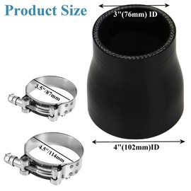 YSIL 3" to 4" Reducer Coupler Silicone Hose 4-Ply Reinforced Straight Turbo Intercooler Intake Pipe with T-Bolt Clamps 5MM Thickness