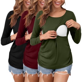 Ficerd 3 Pack Women's Maternity Tops Nursing Shirts for Breastfeeding Long Sleeves Double Layer Pregnancy Clothes(Army Green,Burgundy Red,Black,XL)
