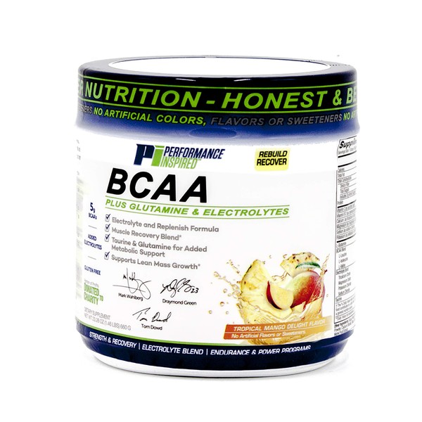 PERFORMANCE INSPIRED Nutrition - 5G BCAA Powder with Added Electrolytes - Taurine & Glutamine - All-Natural Recovery Rebuild & Clean Formula- 1.46lb - Tropical Mango Delight