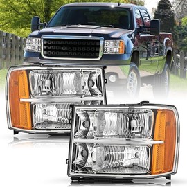 Fit for 2007-2013 GMC Sierra 1500 Headlight Assembly 07-14 GMC Sierra 2500 HD 3500 HD OE Factory Style Replacement LH+RH Chrome Housing&Amber Reflector