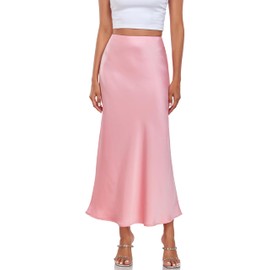 SITELUOYG Women's Silk Satin Maxi Skirt High Waist Elastic A Line Fishtail Elegant Work Elastic Long Skirts Pink