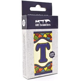 ART ESCUDELLERS Handpainted Ceramic House Letter Tile 'T', 2.87" x 1.38", Mediterranean Mosaic Style, Perfect for Signs, Addresses, Names