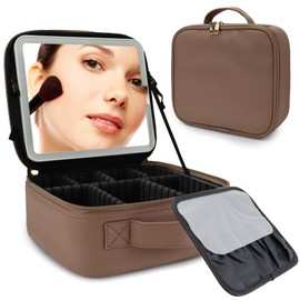 SLUMAZI Travel Makeup Bag with LED Mirror Travel Makeup Organizer with 3 Lighted Settings, Adjustable Dividers and Makeup Brush Storage Bag Mocha