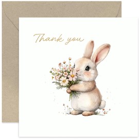 Sweet Thank You Card for Female Friend, Cute Bunny Rabbit Holding Flowers, Simple Contemporary Design, Premium Thankyou Gifts for Friends and Family sister Colleague Doctor Teacher
