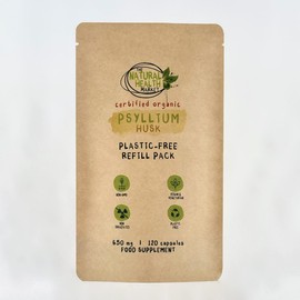 Organic Psyllium Husk Capsules 650mg by The Natural Health Market (120 Capsule Pouch) | High Soluble Fibre Supplement | Organic Prebiotic Supplement | Plastic Free Vegan Capsules