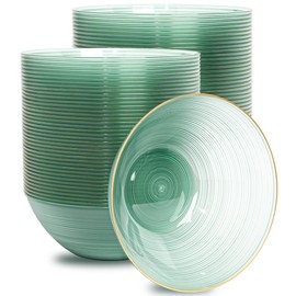 Fabulous Party 50 Pack Green Plastic Bowls-16 oz Crystal Design Clear Green Disposable Bowls with Gold Rim,Premium Soup/Salad/Dessert/Ice Cream Small Bowls For Party, Weddings, Christmas