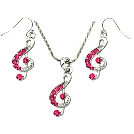 Unbranded Silver Tone Pink Crystal Treble G Clef Music Note Necklace and  Earrings Set