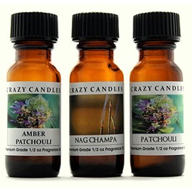 Crazy Candles 3 Bottles Set, 1 Amber Patchouli, 1 Nag Champa, 1 Patchouli 1/2 Fl Oz Each (15ml) Premium Grade Scented Fragrance Oils