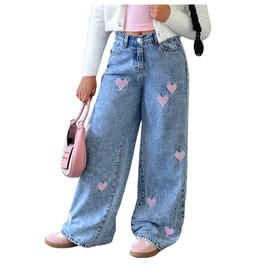 WDIRARA Girl's Heart Embroidered Y2k Denim Pants Elastic High Waist Wide Leg Jeans with Pockets Light Blue 10Y