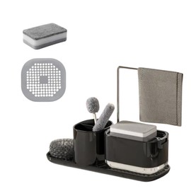 Kitchen Soap Dispenser, Kitchen Soap Dispenser, Kitchen Sink Organizer, Refillable Dishwasher Dispenser, with Cloth Holder, Scourer Holder, Includes Scouring Pad and Strainer (Black)
