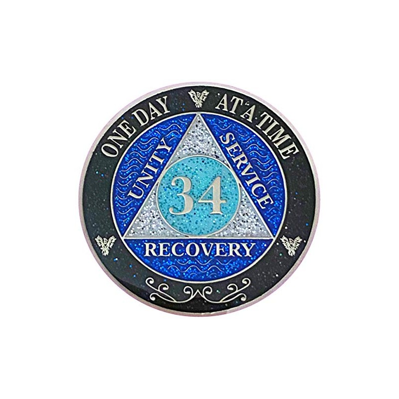 (Years 1-50) 34 Year AA Recovery Silver Color Plated Glitter