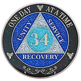 (Years 1-50) 34 Year AA Recovery Silver Color Plated Glitter Medallion, Black Rainbow, Blue, Silver Glitter Coin, Epoxy Covered (AA 34 Year Glitter Medallion)
