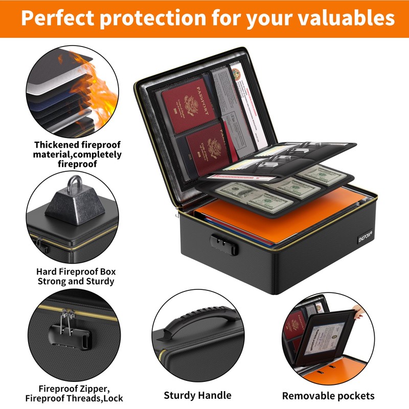 ENGPOW Fireproof Document Box with Lock, Fireproof Water Resistant Heat