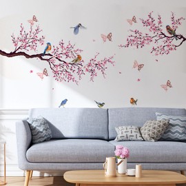 Wall Tattoo Living Room Wall Decoration Bedroom Cherry Blossom Hanging Wall Sticker Flowers Pink Birds on Wall Stickers Bedroom Sofa Window with 12 Pieces 3D Butterfly Wall Stickers