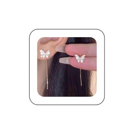 Cybche Rhinestone Butterfly Threader Earrings Gold Crystal Butterfly Earrings Long Tassel Pull Through Chain Earrings Pave CZ Butterfly Threader Dangle Drop Earrings Jewellery for Women, Zinc
