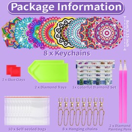 Anvin 8 Pcs Diamond Painting Keychains Double Sided 5D Mandala Rhinestone Painting Art Gem Key Rings DIY Glittering Ornament Pendant for Beginners Adults Kids Art Craft Supplies Gift (Mandala B)